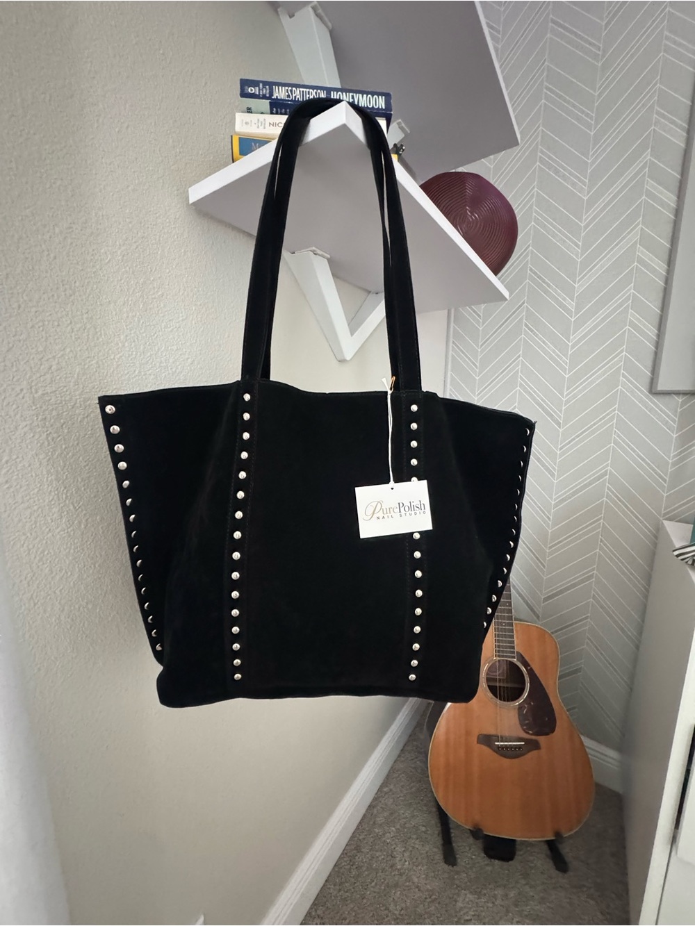 black suede velvet tote purse with silver studs